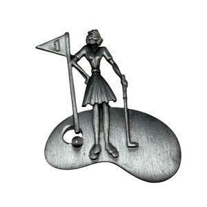 Vintage Golf Brooch Pin Signed AJC Silver Tone Lady Golfer 2” Tall Hole In One 1